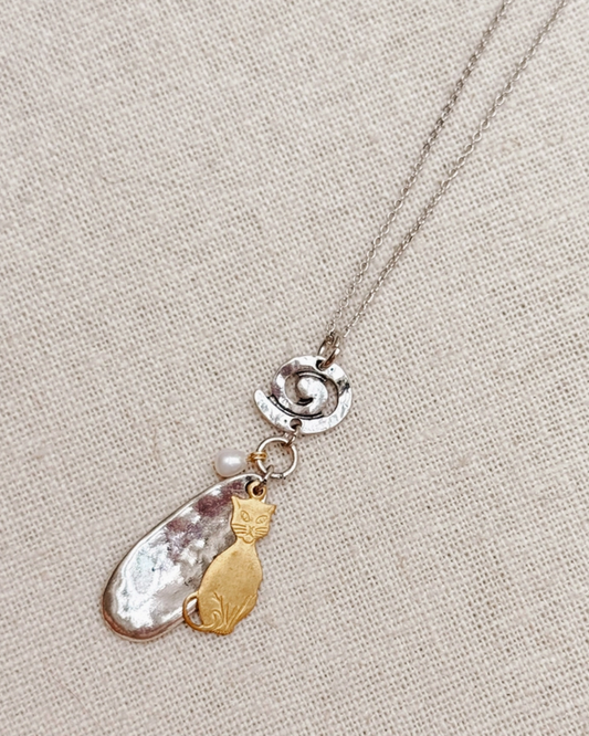 Layered Cat Charm & Freshwater Pearl Pendant Necklace