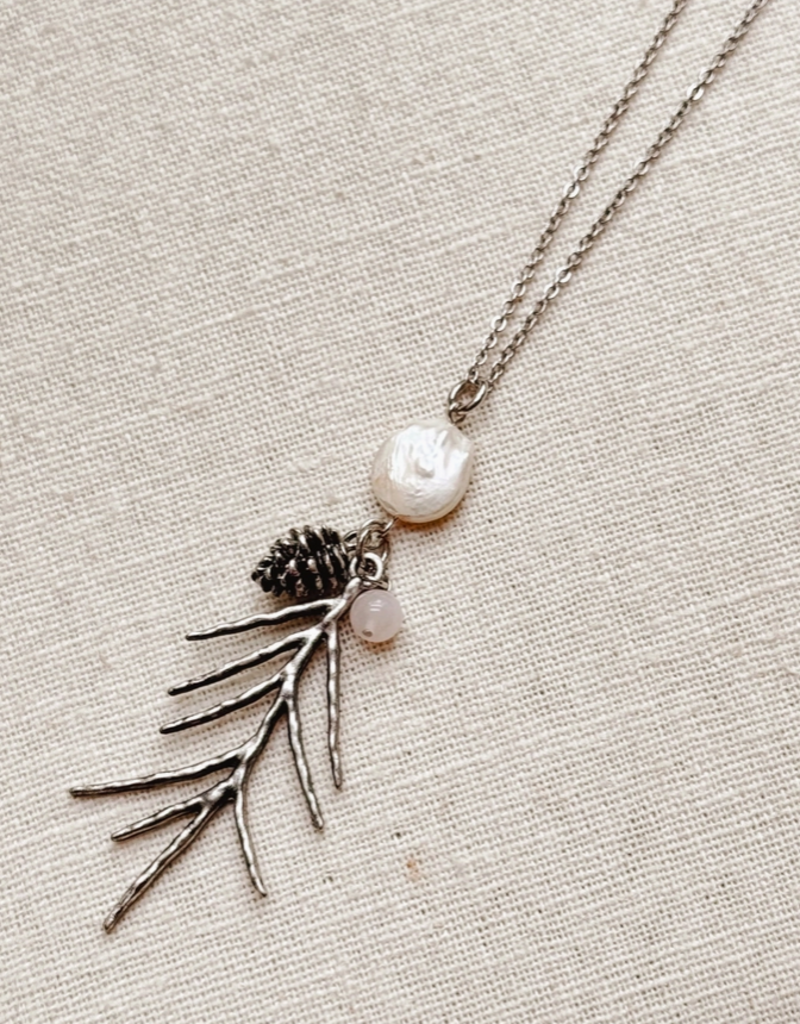 Rose Quartz & Pearl Fir Leaf Pine Cone Pendant Necklace