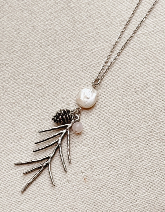 Rose Quartz & Pearl Fir Leaf Pine Cone Pendant Necklace