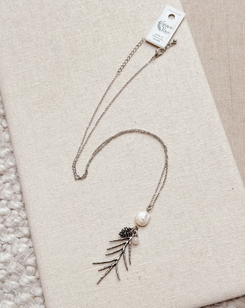 Rose Quartz & Pearl Fir Leaf Pine Cone Pendant Necklace