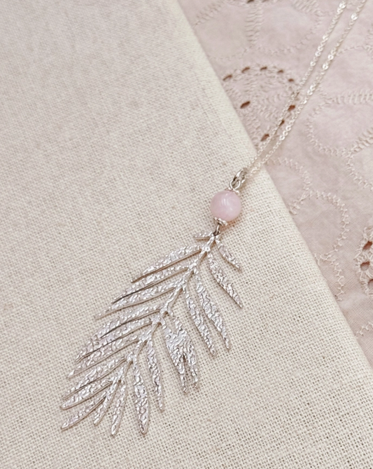 Rose Quartz Palm Leaf Pendant Necklace on Silver Chain