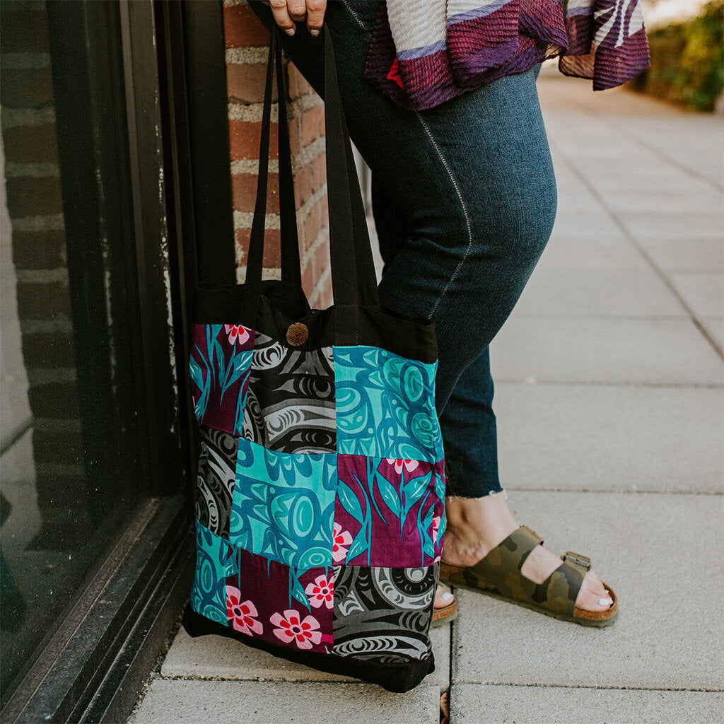 Patchwork Fashion Tote (Teal/Black/Purple)