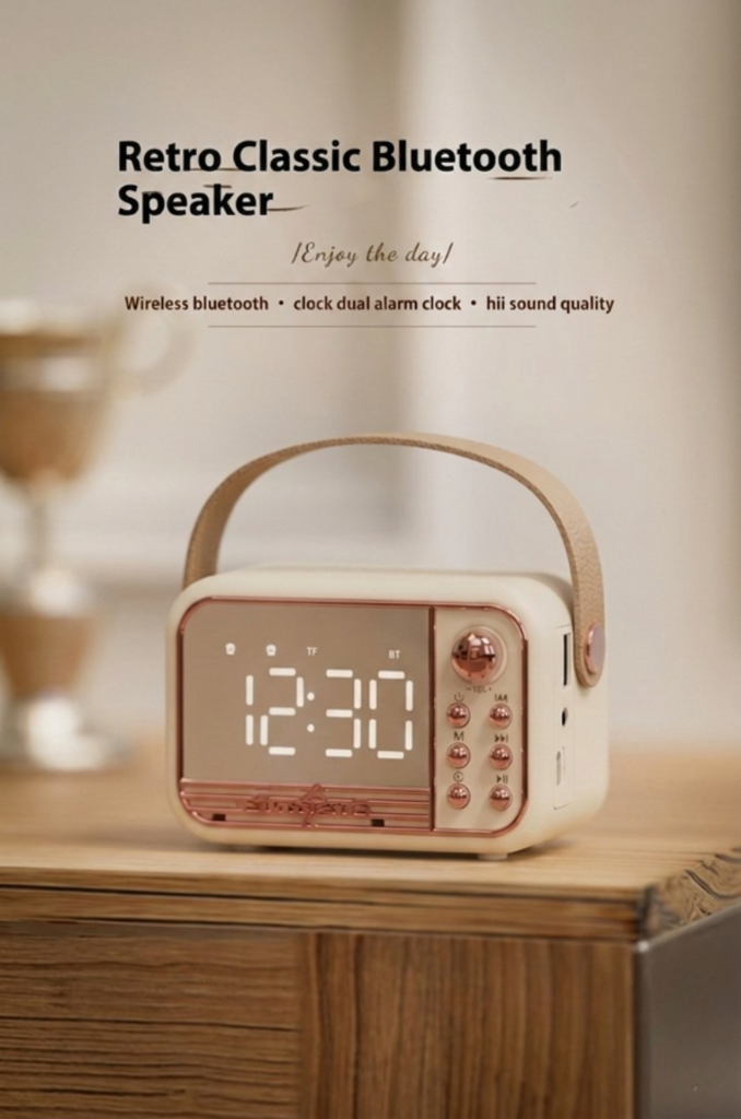 Digital Alarm Clock Retro Bluetooth Speaker (Cream)