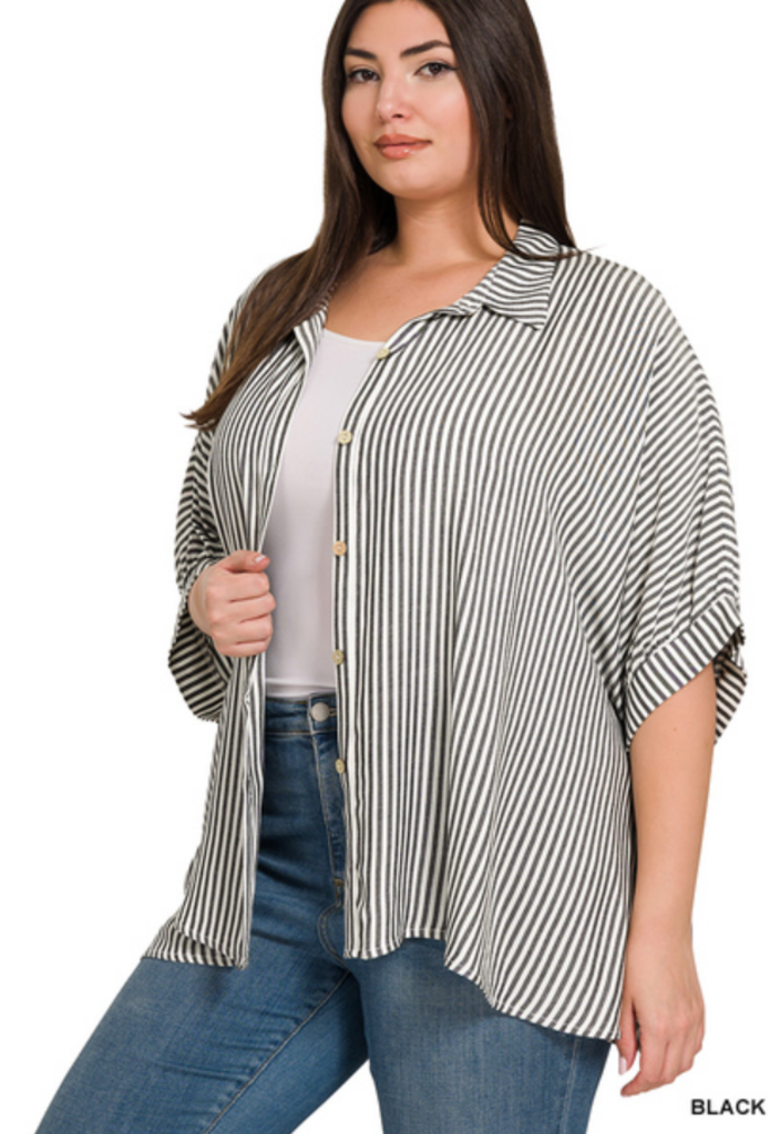 Rayon Striped Short Sleeve Button Up Shirt