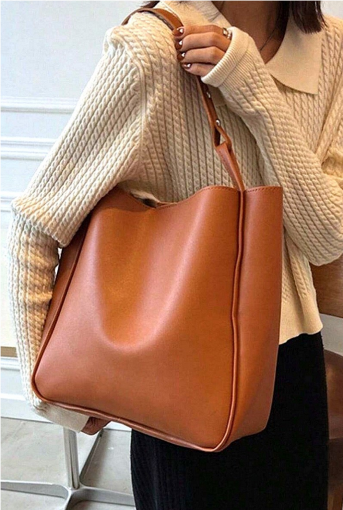 Vegan Leather Shoulder Pouch Bag - Camel
