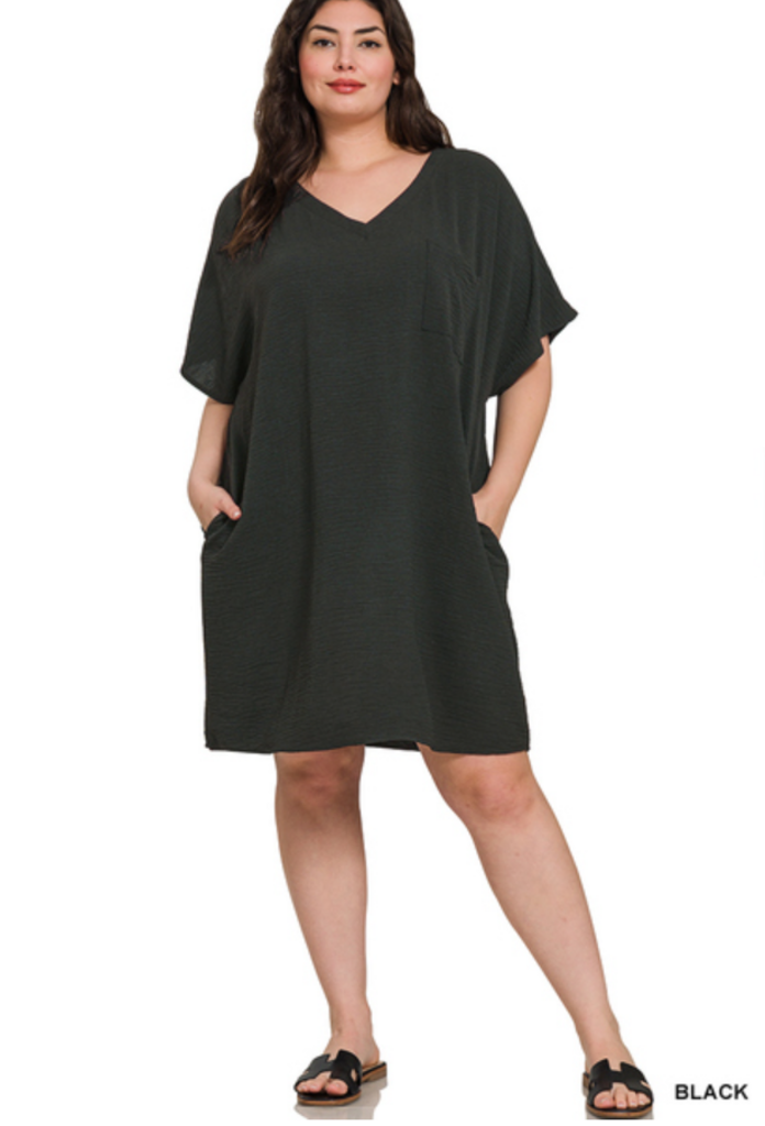 Woven Airflow V Neck T Shirt Dress With Pockets
