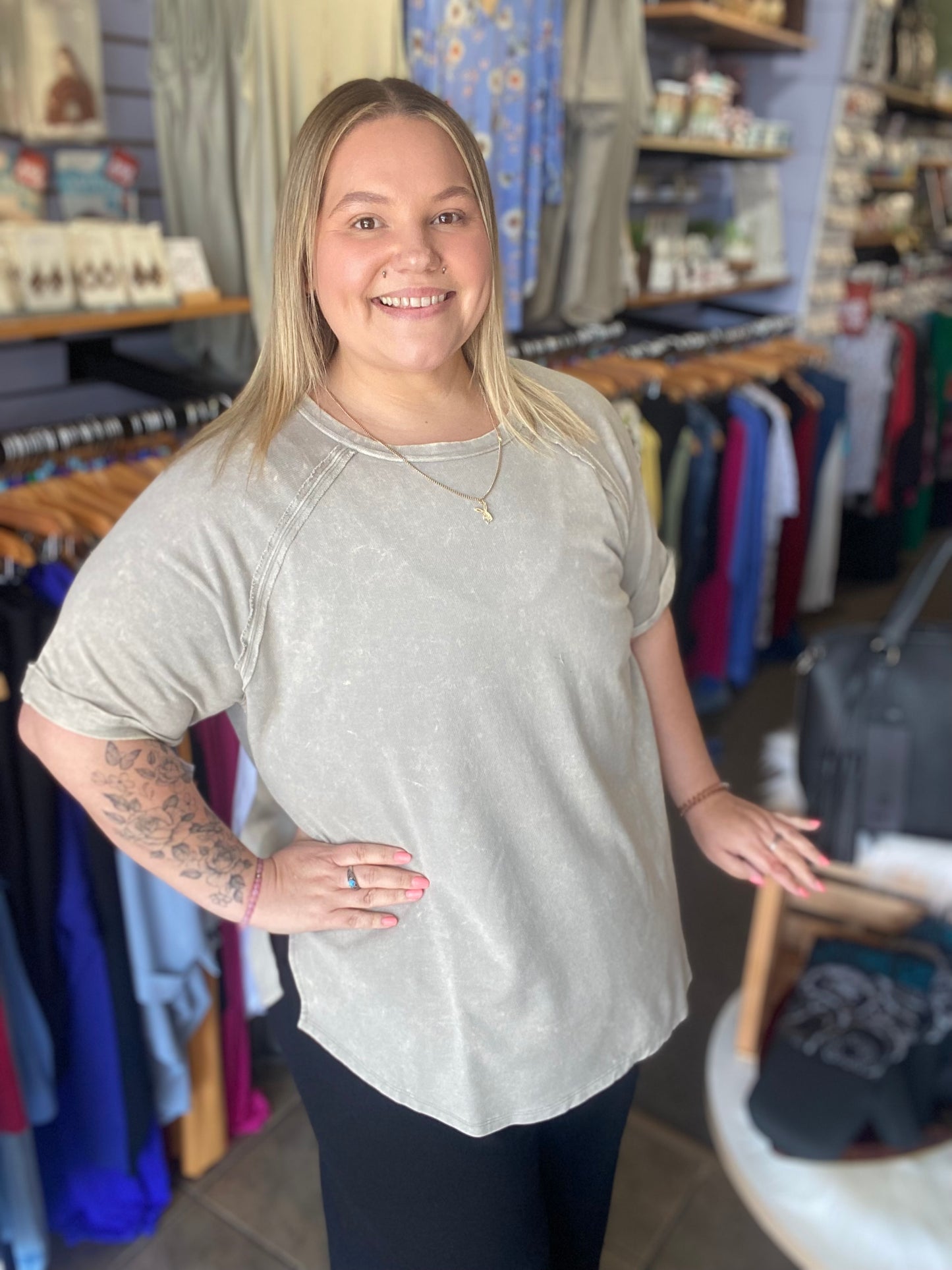 French Terry Washed Curved Hem Top