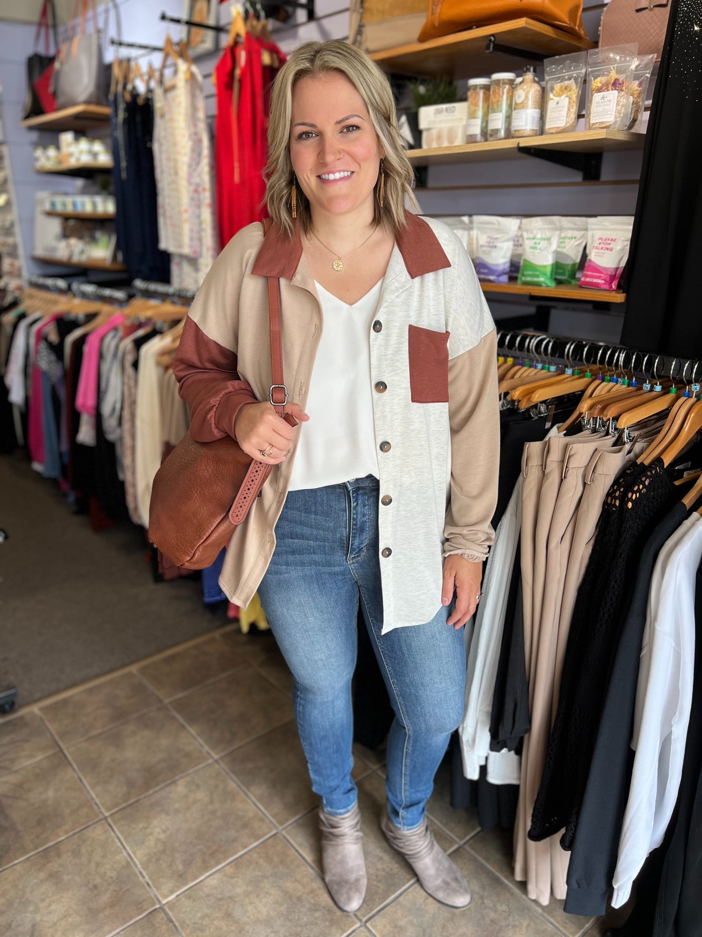 Basic Collar Solid Color Block Shacket 2x