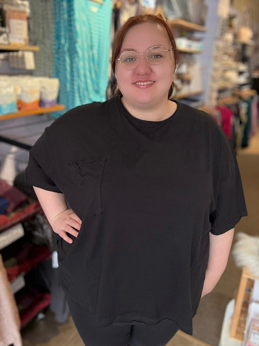 Cotton oversized front pocket raw edge top 2X
