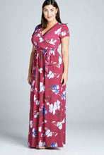 Load image into Gallery viewer, Floral Printed Faux Wrap Maxi Dress with Short Sleeves and Matching Sash Belt 3X
