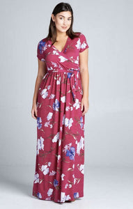 Floral Printed Faux Wrap Maxi Dress with Short Sleeves and Matching Sash Belt 3X