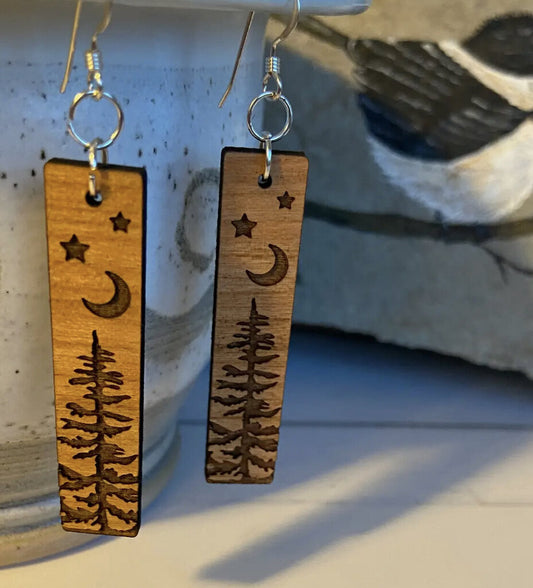 Cherry wood earrings moon & stars in the trees