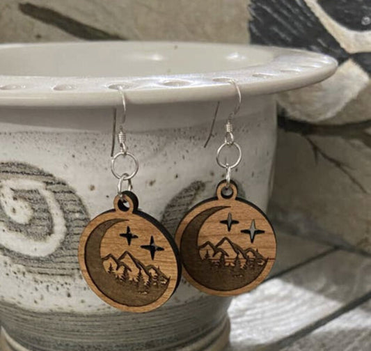 Cherry wood earrings, engraved moon/mountain w/ cutout stars