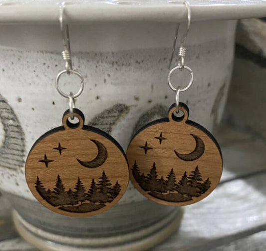 Cherry wood earrings, engraved trees with moon/stars