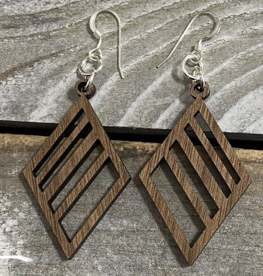 Walnut Wood Earrings Triangle Lines