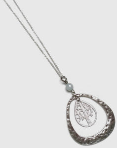 Matte Silver Agate Tree of Life Teardrop Pendant Necklace