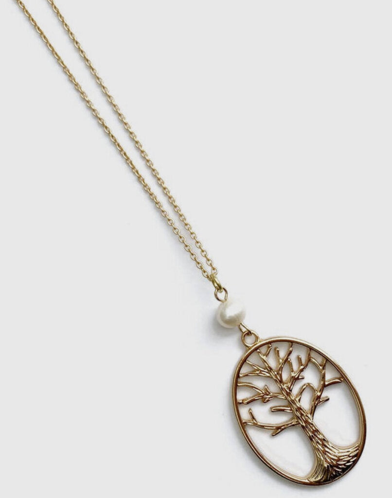 Matte Gold Freshwater Pearl Tree of Life Pendant Necklace