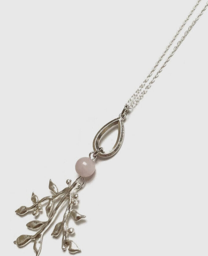 Botanical Silver Pink Rose Quartz Tree Branch Necklace