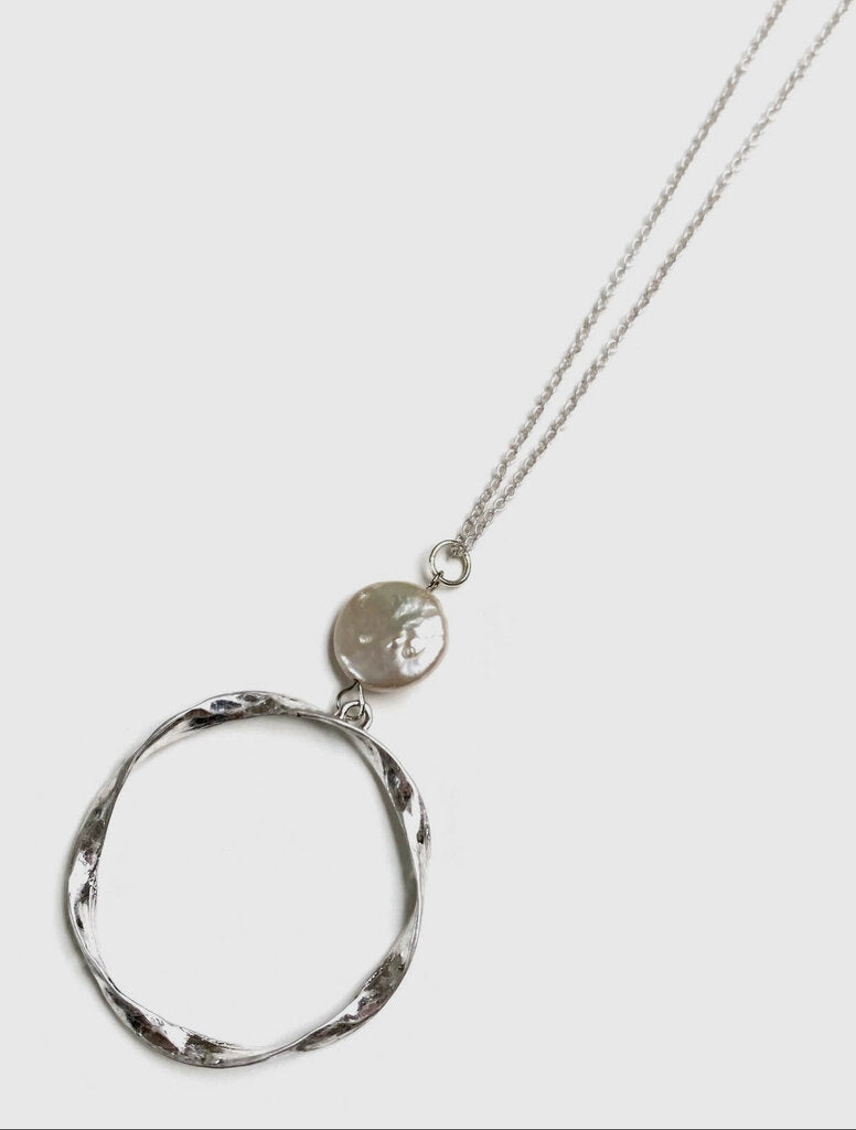 Matte Silver Hoop Freshwater Pearl Pendant Necklace