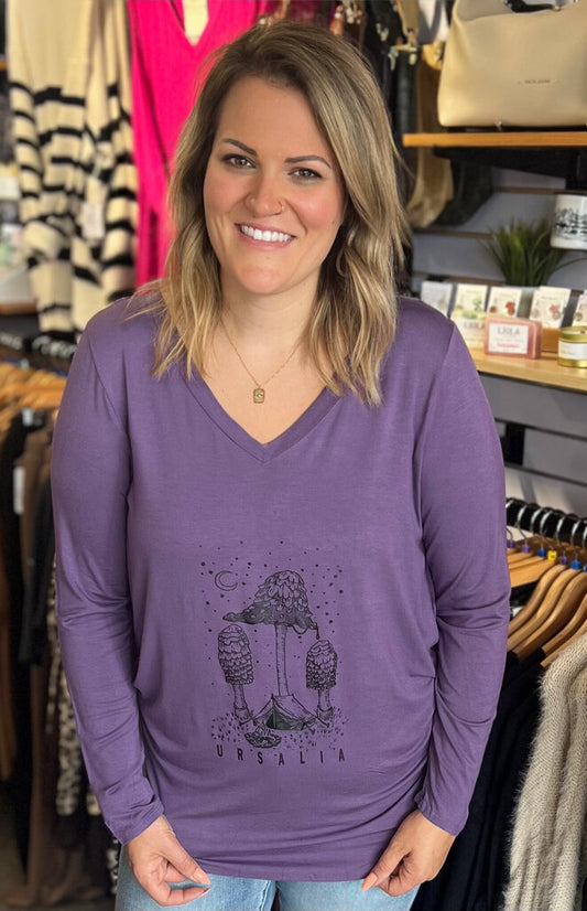 Ursalia Mushroom Camping Rayon long sleeve v-neck hem top 2x