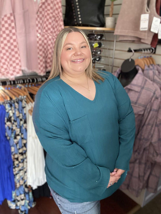 Rib v-neck woven top with pocket 3x