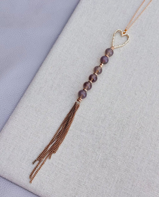 Matte gold grey agate heart long tassel necklace