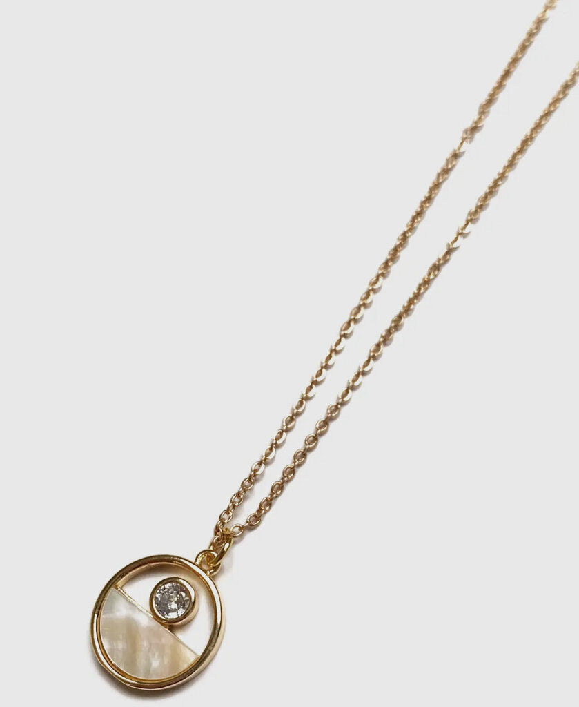 Minimalist gold rhinestone & shell geometric charm necklace