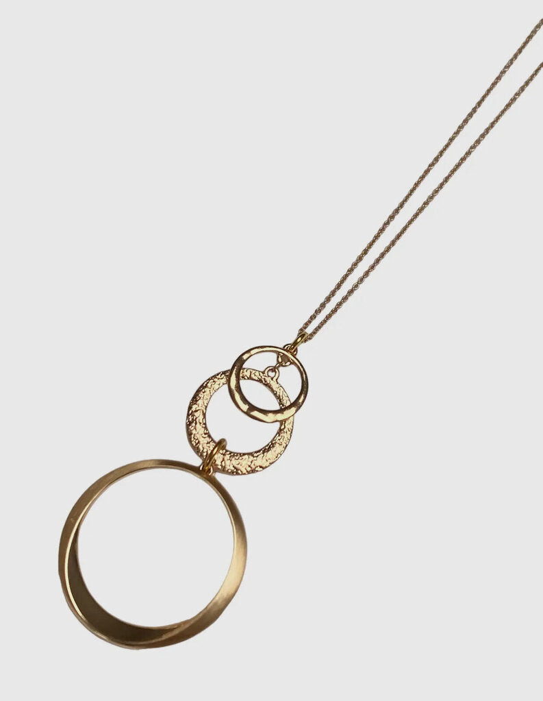 Minimalist soft gold hammered hoops pendant necklace