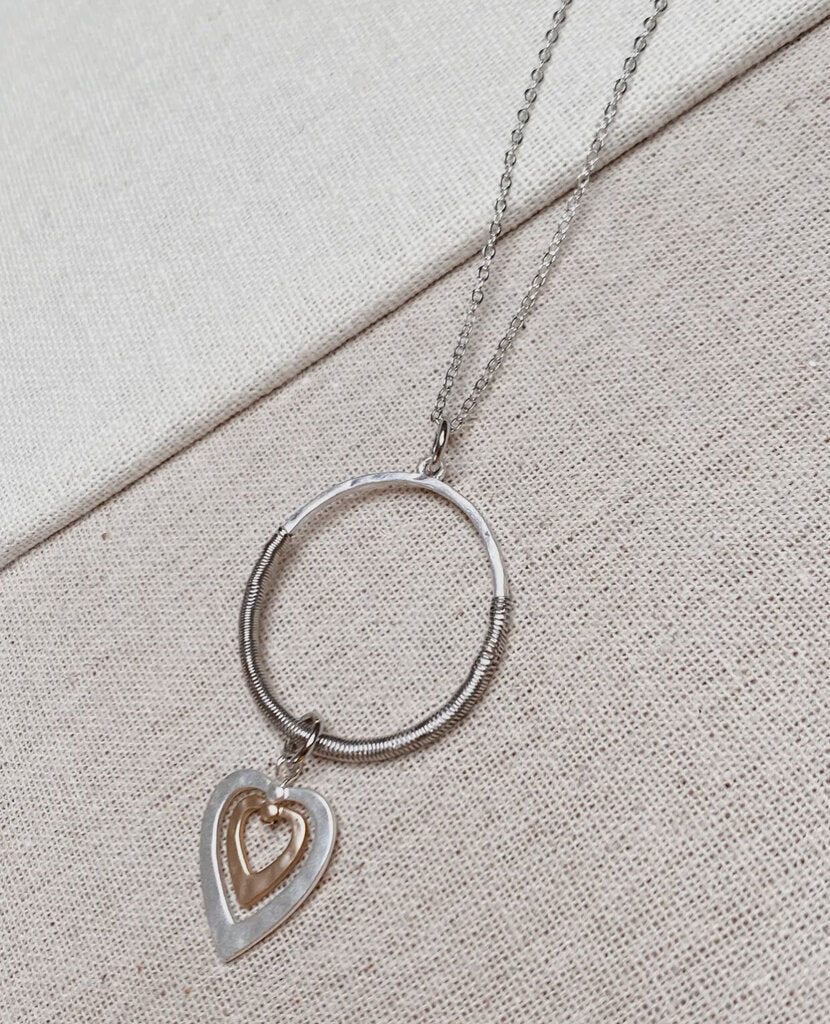 Mixed metals wire wrapped hoop love hearts pendant necklace