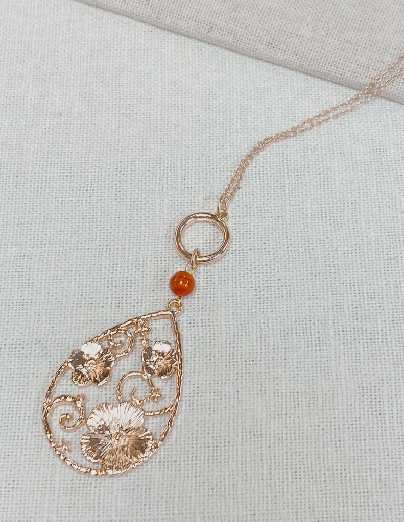 Romantic gold carnelian floral teardrop pendant necklace