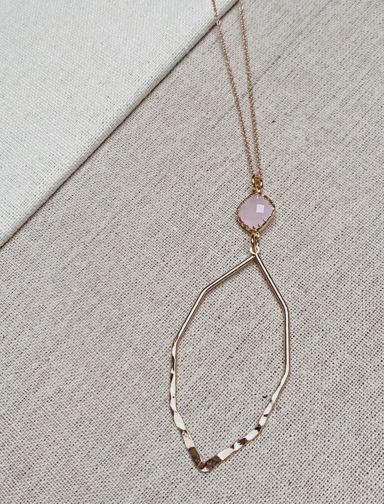Romantic soft gold pink gem geometric pendant necklace