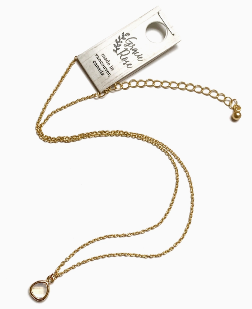 Gold glass opal teardrop charm minimalist necklace