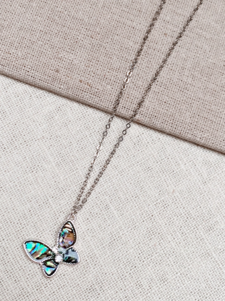 Minimalist rhodium adalone butterfly charm necklace